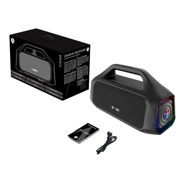 Arcsound STEAM, nešiojama Bluetooth kolonėlė, 200W - Pakuotė, instrukcija ir laidas matomi