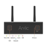 Arylic Wireless Stereo Amplifier A50+ ir System One IC670, stereo komplektas montuojamas į lubas - Antena, jungčių ir indikatorių išdėstymas