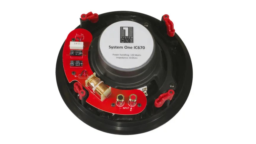 Arylic Wireless Stereo Amplifier A50+ ir System One IC670, stereo komplektas montuojamas į lubas - vidinė dalis su jungtimis ir komponentais