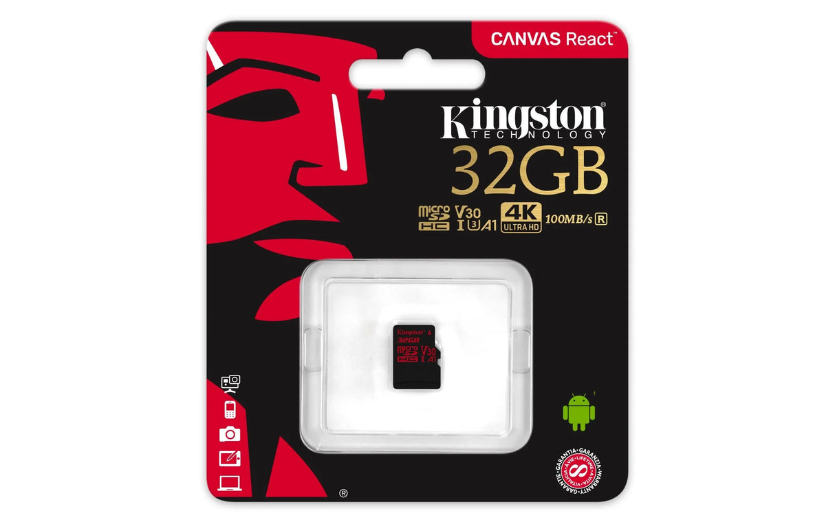 Atminties kortelė Kingston microSDHC Canvas React 32GB 100/70 U3 UHS-I V30 A1
