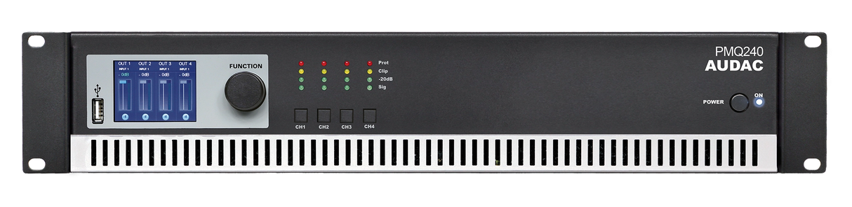 Audac PMQ240, garso stiprintuvas 100V 4x240W su DSP