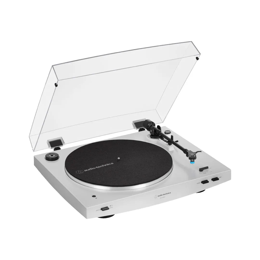 Audio-Technica AT-LP3XBT, automatinis patefonas su Bluetooth 5.2 - šoninis vaizdas su mygtukais ir dangčiu