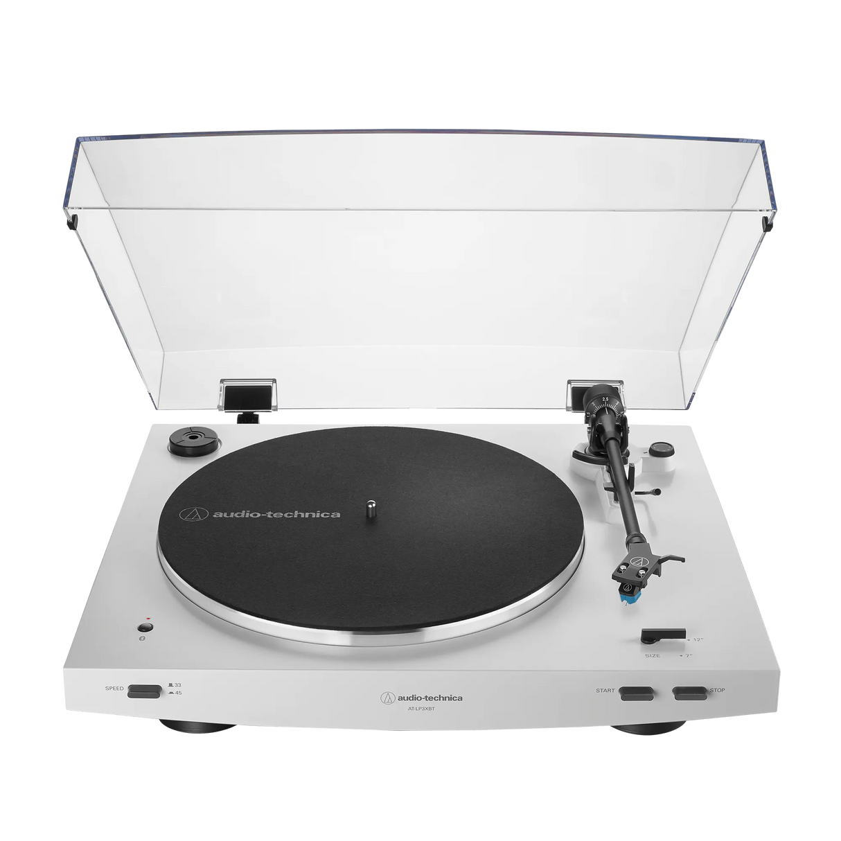 Audio-Technica AT-LP3XBT, automatinis patefonas su Bluetooth 5.2 - atidarytas dangtis su vyriais iš arti