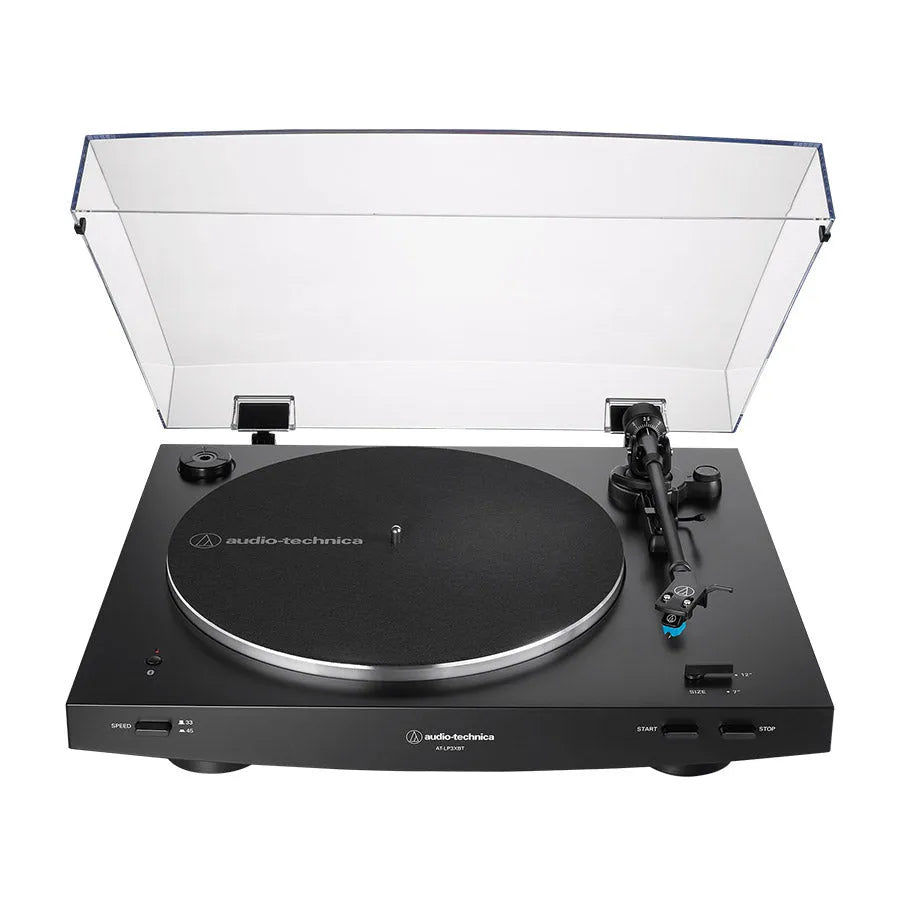 Audio-Technica AT-LP3XBT, automatinis patefonas su Bluetooth 5.2 - Atidarytas dangtis, valdymo mygtukai iš arti