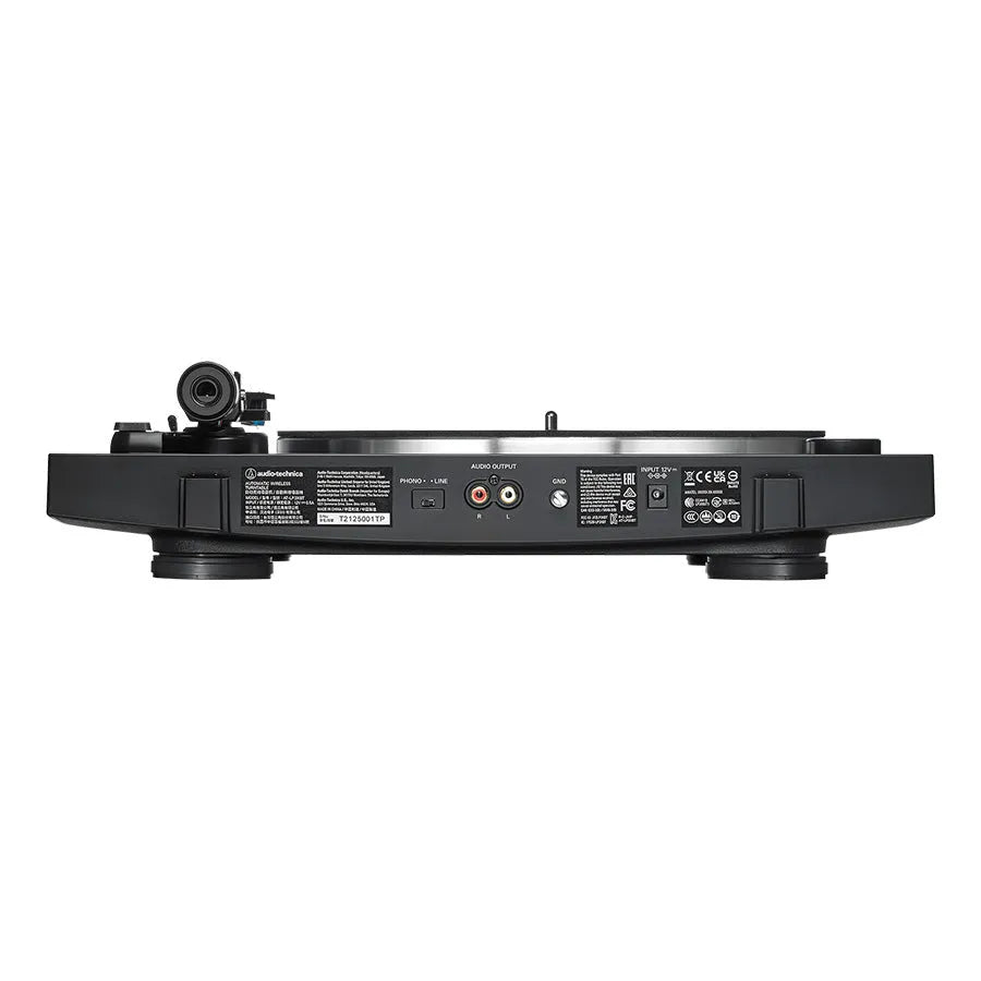 Audio-Technica AT-LP3XBT, automatinis patefonas su Bluetooth 5.2 - galinė panelė su jungtimis ir sertifikatais