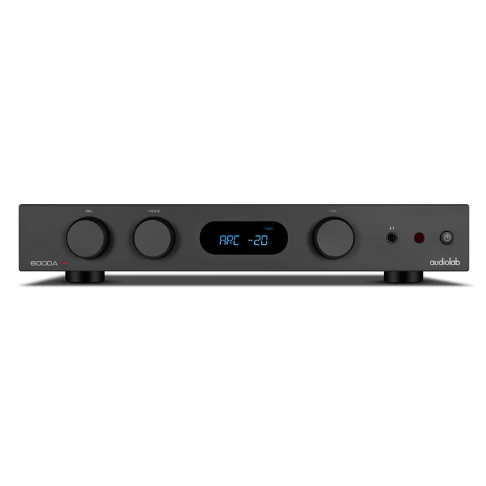 Audiolab 6000A MKII, integruotas stereo garso stiprintuvas - priekinė panelė su ekrano ir valdymo elementais