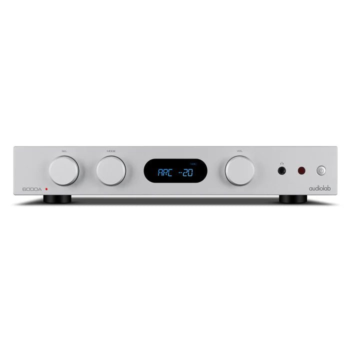 Audiolab 6000A MKII, integruotas stereo garso stiprintuvas - priekinė panelė su ekrano ir mygtukais