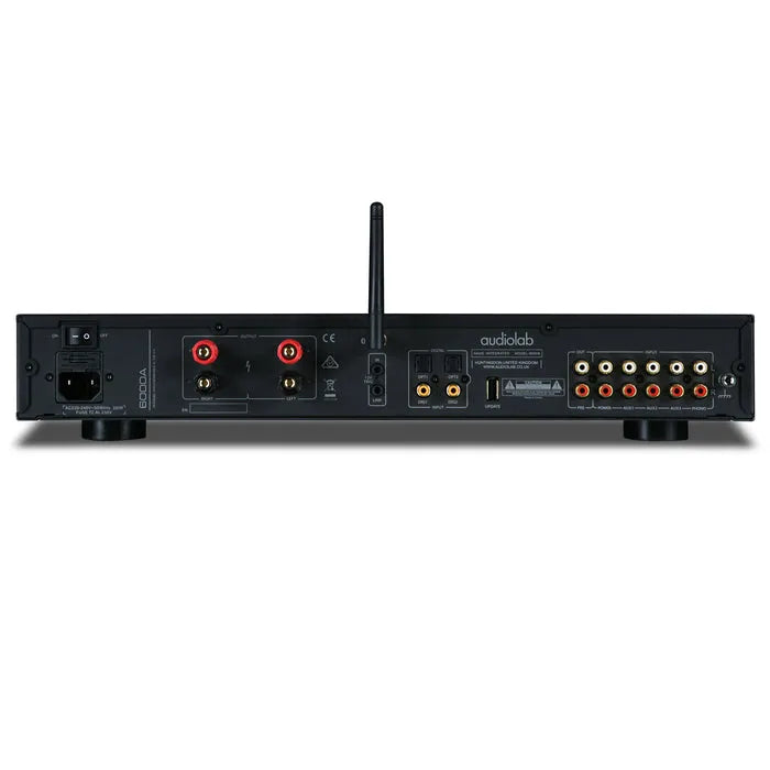 Audiolab 6000A, viskas viename stiprintuvas - galinė panelė su daugybe jungčių ir antena