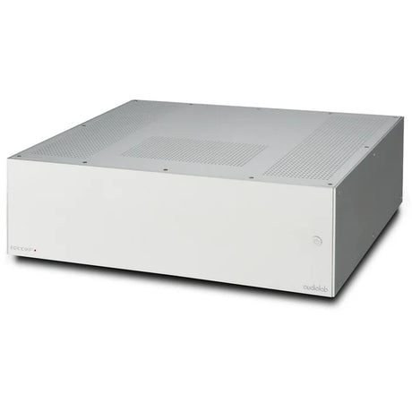 Audiolab 8300XP, stereo galios stiprintuvas - Baltas korpusas, ventiliacijos grotelės viršuje, logotipas dešinėje