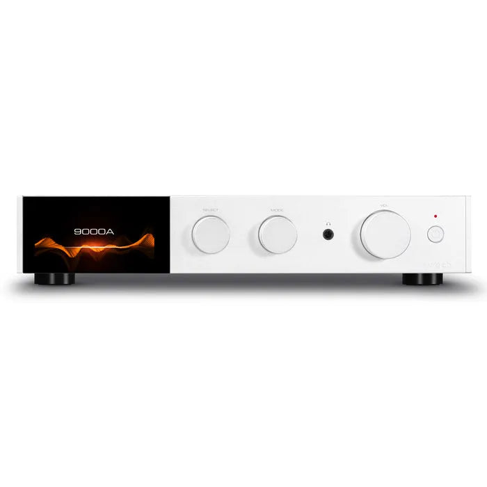 Audiolab 9000A, Integruotas stereo stiprintuvas - baltas priekis su ekranu ir valdymo elementais