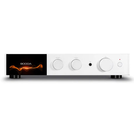 Audiolab 9000A, Integruotas stereo stiprintuvas - baltas priekis su ekranu ir valdymo elementais