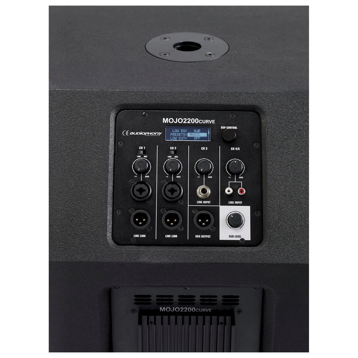 Audiophony MOJO2200CURVE, galinga išlenkto masyvo garso kolonėlė su DSP - valdymo panelė su jungtimis ir ekranėliu