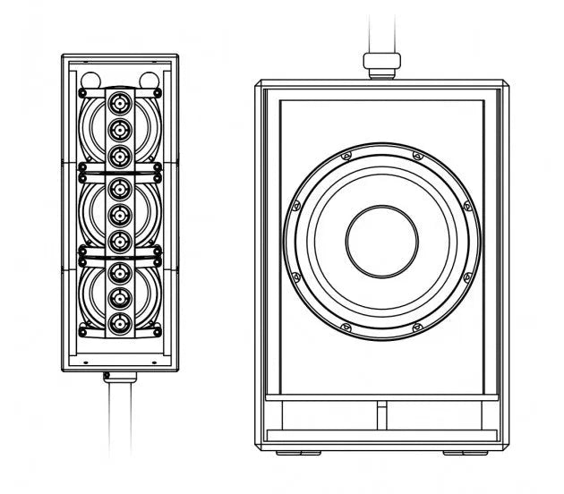 Audiophony MOJO2200CURVE, galinga išlenkto masyvo garso kolonėlė su DSP - vidinis garsiakalbių masyvas su jungtimis