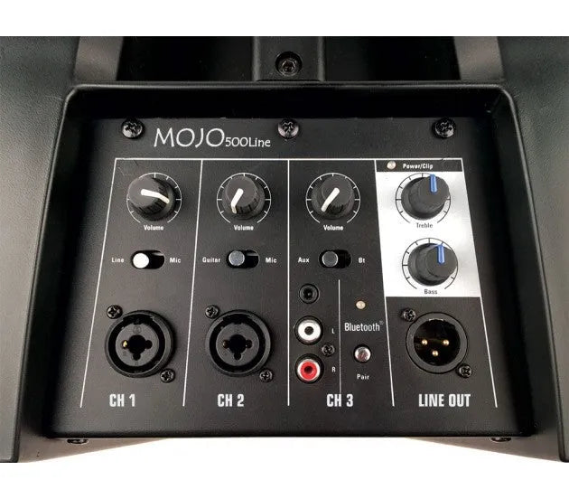 Audiophony MOJO500LINE, nešiojama garso sistema - Galinė panelė su jungtimis ir valdikliais