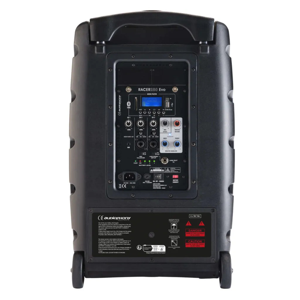 Audiophony RACER250 Evo, nešiojama garso sistema su akumuliatoriumi ir - galinė panelė su jungtimis ir ratai