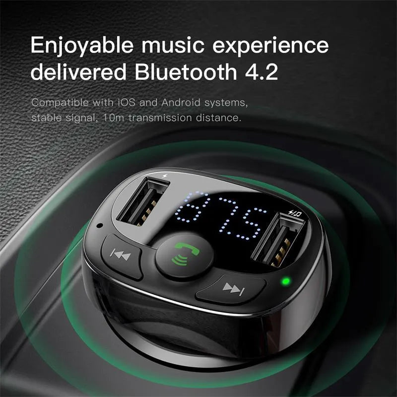 Automobilinis įkroviklis FM siųstuvas „Aux“ moduliatorius „Bluetooth“ laisvų rankų įranga Baseus S09A T-Type Dual USB