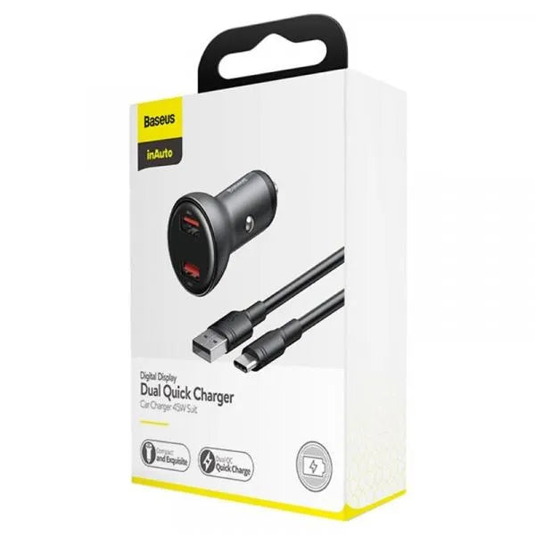 BASEUS Digital Display + USB-C, automobilinis įkroviklis + laidas