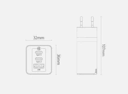 BASEUS GaN2 USB + 2xUSB-C, Sieninis įkroviklis - matmenys ir jungčių išdėstymas