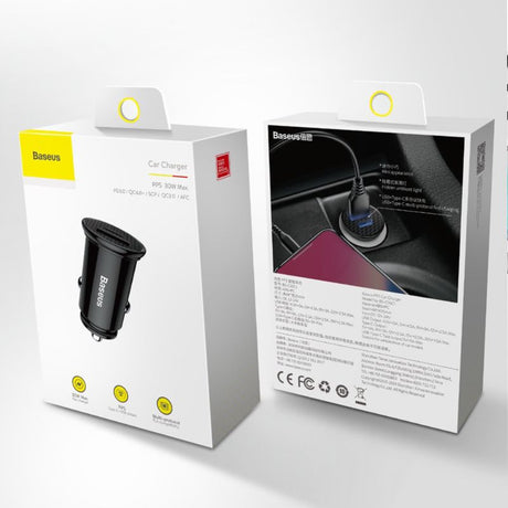Baseus CCALL-YS01, automobilinis įkroviklis, 30W, USB + USB-C, QC4.0 - automobilio salono vaizdas su įkrovikliu ir telefonu