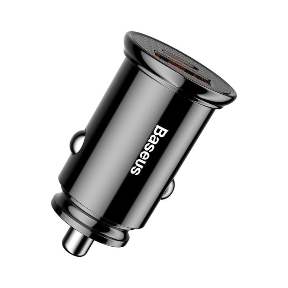 Baseus CCALL-YS01, automobilinis įkroviklis, 30W, USB + USB-C, QC4.0 - viršutinė dalis su jungtimis ir logotipu