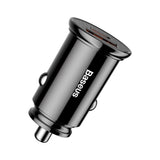 Baseus CCALL-YS01, automobilinis įkroviklis, 30W, USB + USB-C, QC4.0 - viršutinė dalis su jungtimis ir logotipu