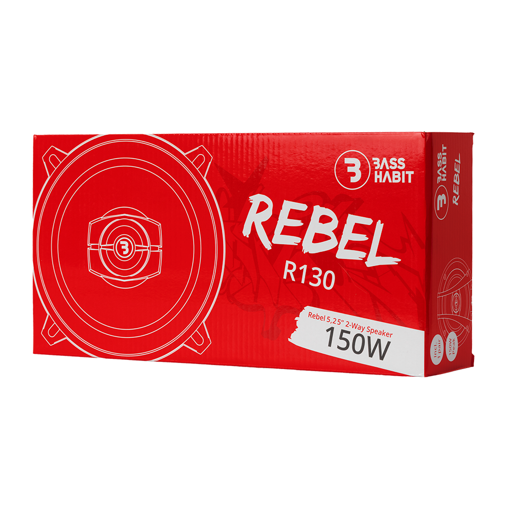 Bass Habit Rebel R130, 13 cm koaksialiniai automobiliniai garsiakalbiai - Raudona dėžutė su garsiakalbio kontūru