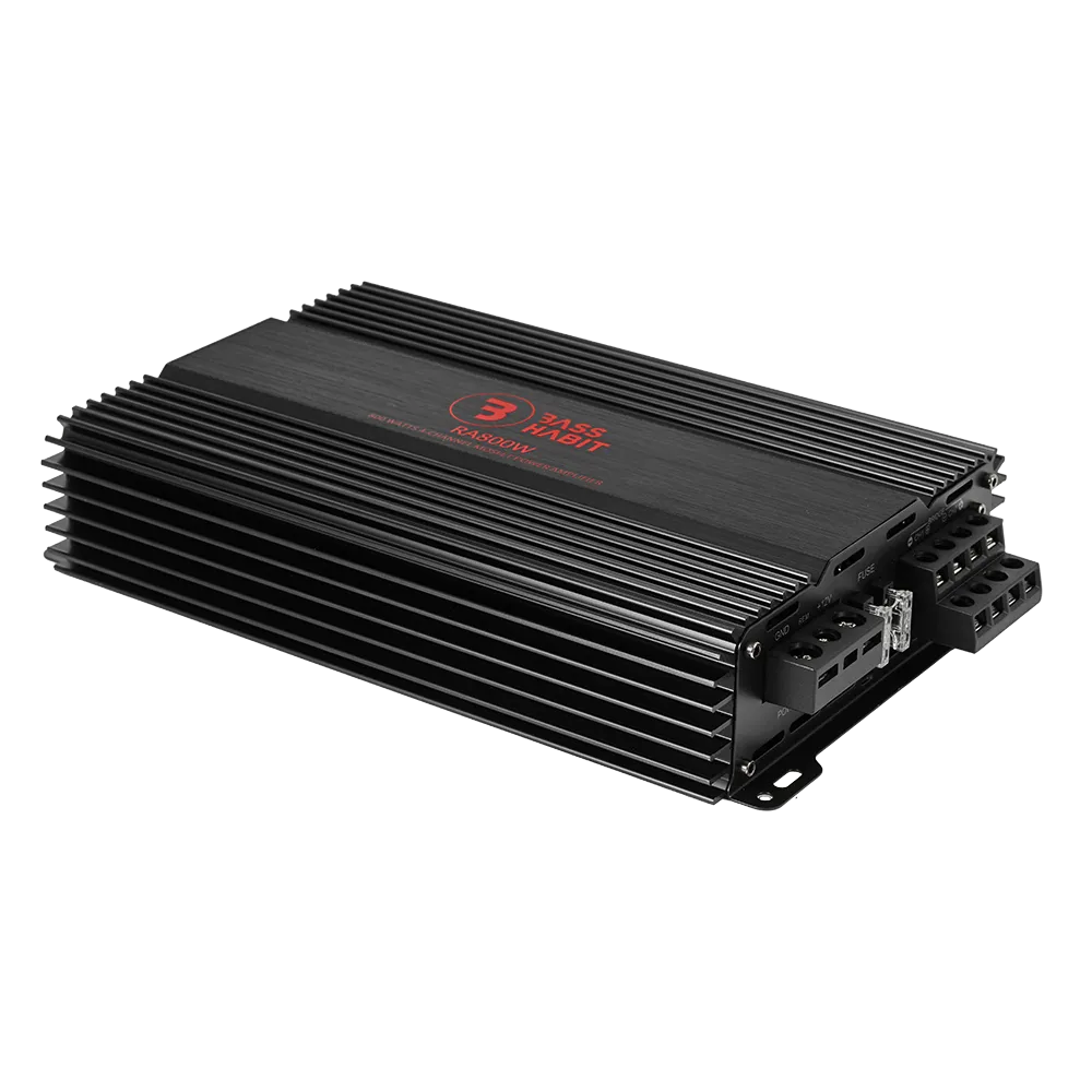 Bass Habit Rebel RA800W, 4-rių kanalų automobilinis garso stiprintuvas - Juodas radiatorius su raudonu logotipu