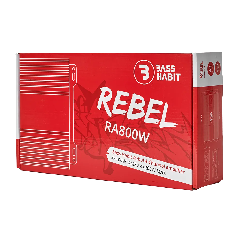 Bass Habit Rebel RA800W, 4-rių kanalų automobilinis garso stiprintuvas - šoninis vaizdas su matmenimis