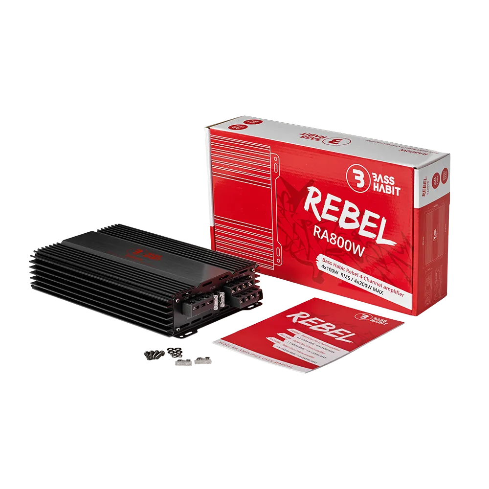 Bass Habit Rebel RA800W, 4-rių kanalų automobilinis garso stiprintuvas - viskas kartu su pakuote ir instrukcija