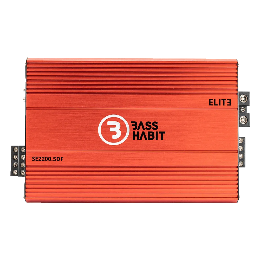 Bass Habit SPL Elite 2200.5DF, 5-kių kanalų automobilinis garso stiprintuvas - šoninis vaizdas su jungtimis