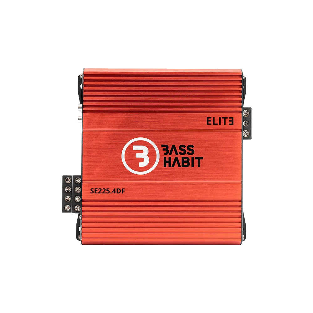 Bass Habit SPL Elite 225.4DF, 4-rių kanalų automobilinis garso stiprintuvas - šoninis vaizdas su jungtimis
