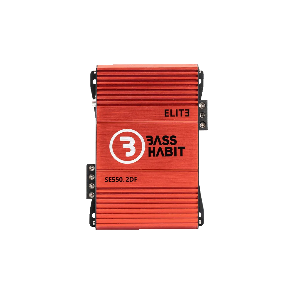 Bass Habit SPL Elite 550.2DF, 2-jų kanalų automobilinis garso stiprintuvas - Šoninis vaizdas su tvirtinimo detalėmis