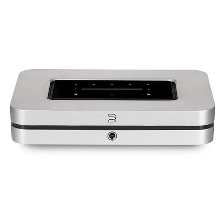 Bluesound NODE X, tinklo grotuvas su pagerintu DAC - priekinė panelė su jungtimi ir logotipu