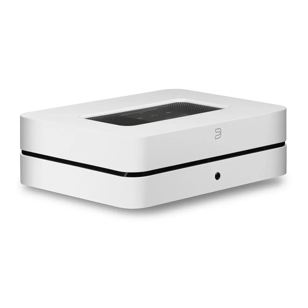 Bluesound POWERNODE 2i, HDMI ARC, išmanus garso stiprintuvas - baltas korpusas su juoda juosta viršuje