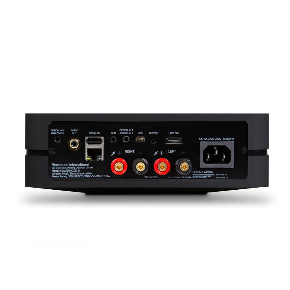 Bluesound POWERNODE 2i, HDMI ARC, išmanus garso stiprintuvas - Galinė panelė su jungtimis ir maitinimo lizdu