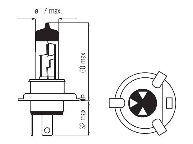 Bosma Komplektas H4, P43t, 60/55W, baltos - matmenys ir jungties schema