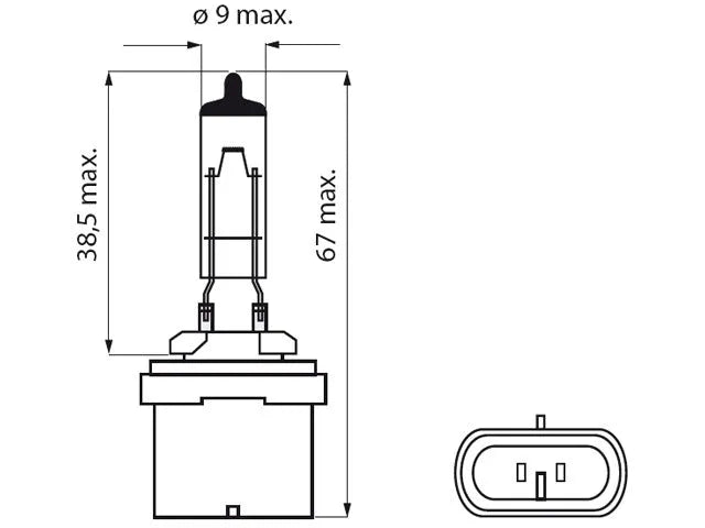 Bosma lemputė 12,8V, 27W, Black Top - matmenys ir jungties schema