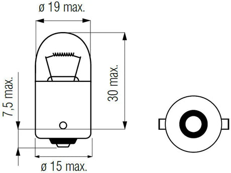 Bosma lemputė BA15s, 24V, 10W, R10W HD - brėžinys su matmenimis ir jungtimi