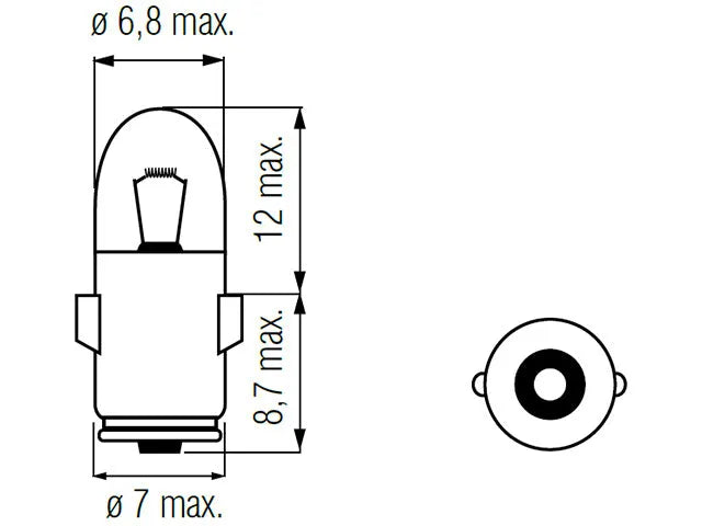 Bosma lemputė BA7s, 2W Įtampa: 6 V - matmenys ir brėžinys iš viršaus