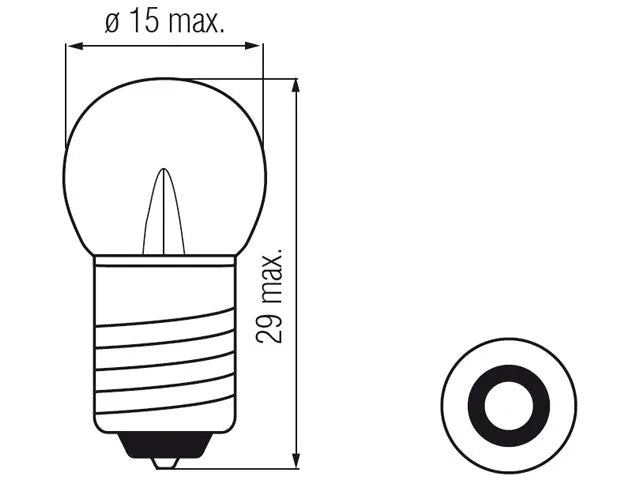 Bosma lemputė E10, 3W, 15X29 - matmenys ir skerspjūvio vaizdas