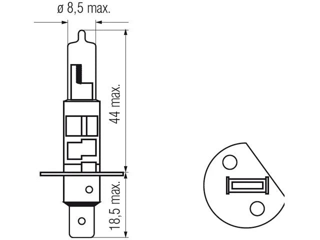 Bosma lemputė H1, 12V, 55W, LLHD - matmenys ir detalus vaizdas