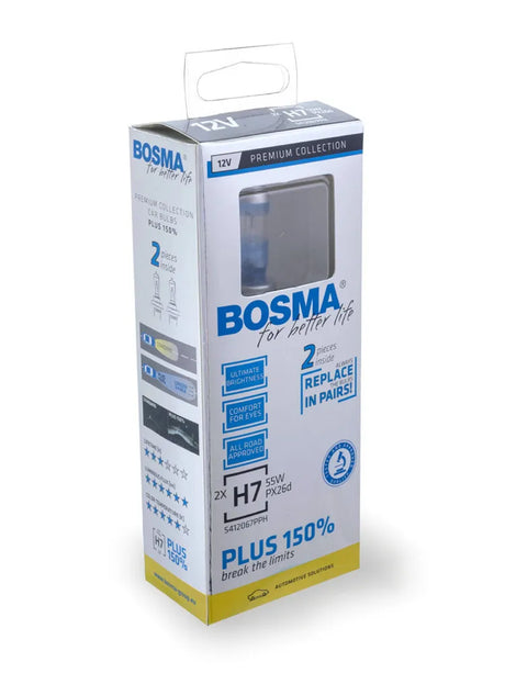 Bosma lemputė H7, 55W, 12V, Plus 150%, PX26d komplektas (balta)