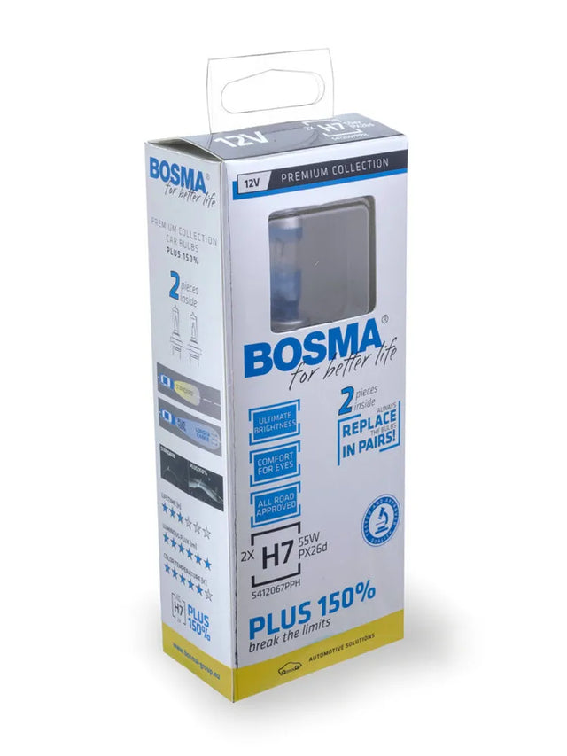 Bosma lemputė H7, 55W, 12V, Plus 150%, PX26d komplektas (balta)