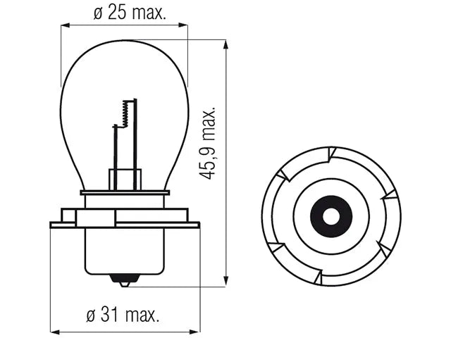 Bosma lemputė P26s, 6V, 15W - matmenys ir detalus pagrindo vaizdas