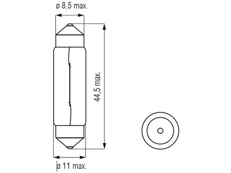 Bosma lemputė SV8.5, 10W 11X44 - Brėžinys su matmenimis ir galinis vaizdas