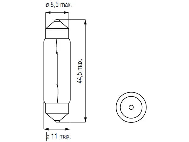 Bosma lemputė SV8.5, 5W 11X44 - brėžinys su matmenimis ir skerspjūviu