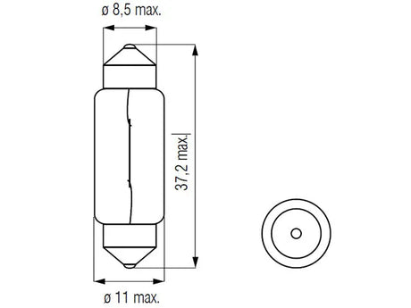 Bosma lemputė SV8.5, 5W, oranžinė 10X36 - techniniai matmenys ir skerspjūvis