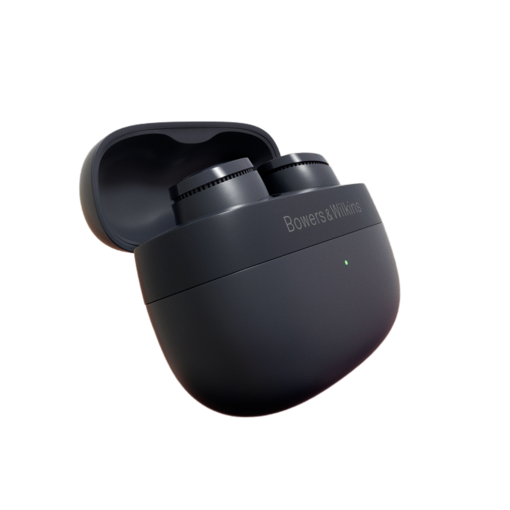 Bowers & Wilkins Pi6, True Wireless ANC belaidės ausinės - Tamsiai pilkas dėklas su žaliu indikatoriumi