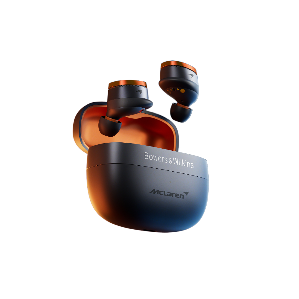Bowers & Wilkins Pi8 McLaren Edition, In-Ear belaidės ausinės su triukšmo slopinimu - dėklas su ausinėmis ir McLaren logotipu