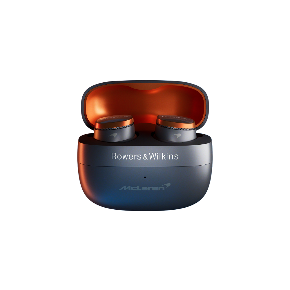 Bowers & Wilkins Pi8 McLaren Edition, In-Ear belaidės ausinės su triukšmo slopinimu - Atidarytas dėklas su oranžiniu vidumi
